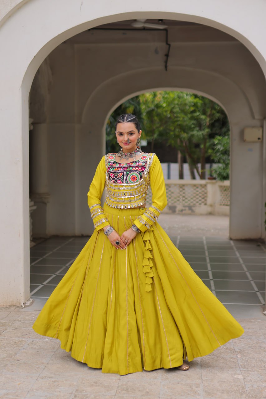 Parrot Navratri Special Roman Fabric Lehenga Choli with Kutchi Gamthi & Mirror Work
