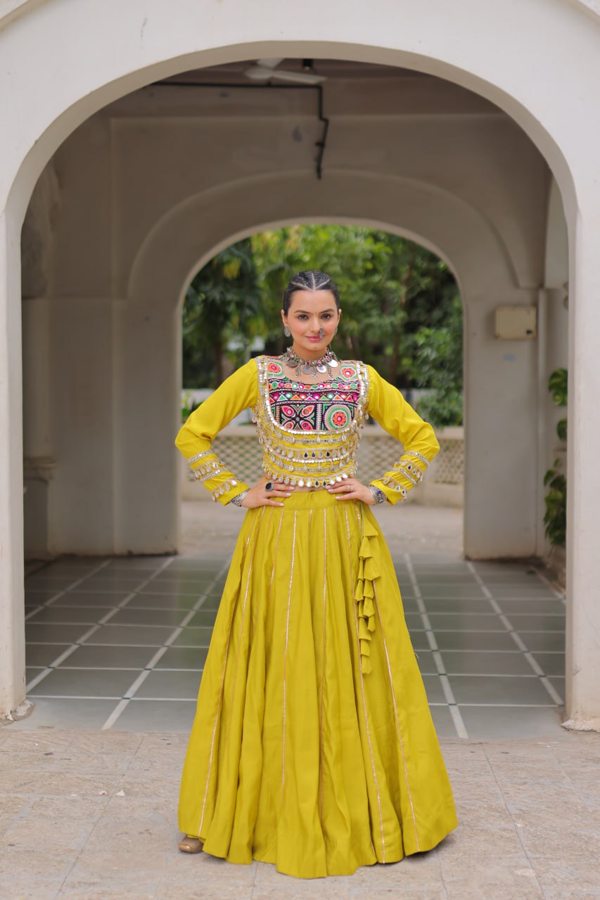 Parrot Navratri Special Roman Fabric Lehenga Choli with Kutchi Gamthi & Mirror Work