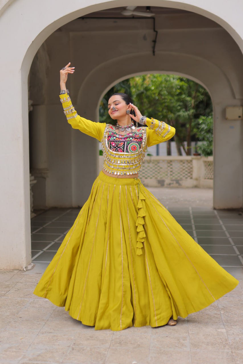 Parrot Navratri Special Roman Fabric Lehenga Choli with Kutchi Gamthi & Mirror Work