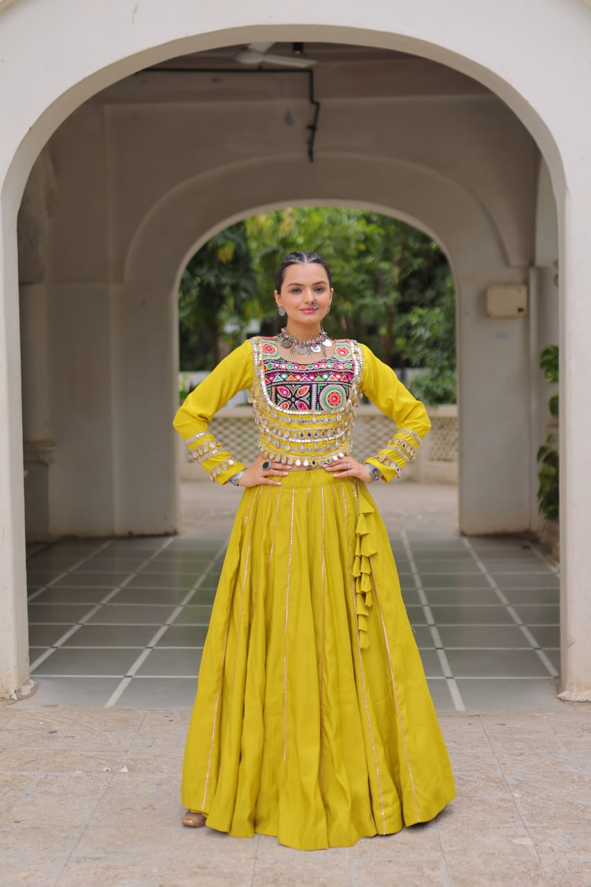 Parrot Navratri Special Roman Fabric Lehenga Choli with Kutchi Gamthi & Mirror Work