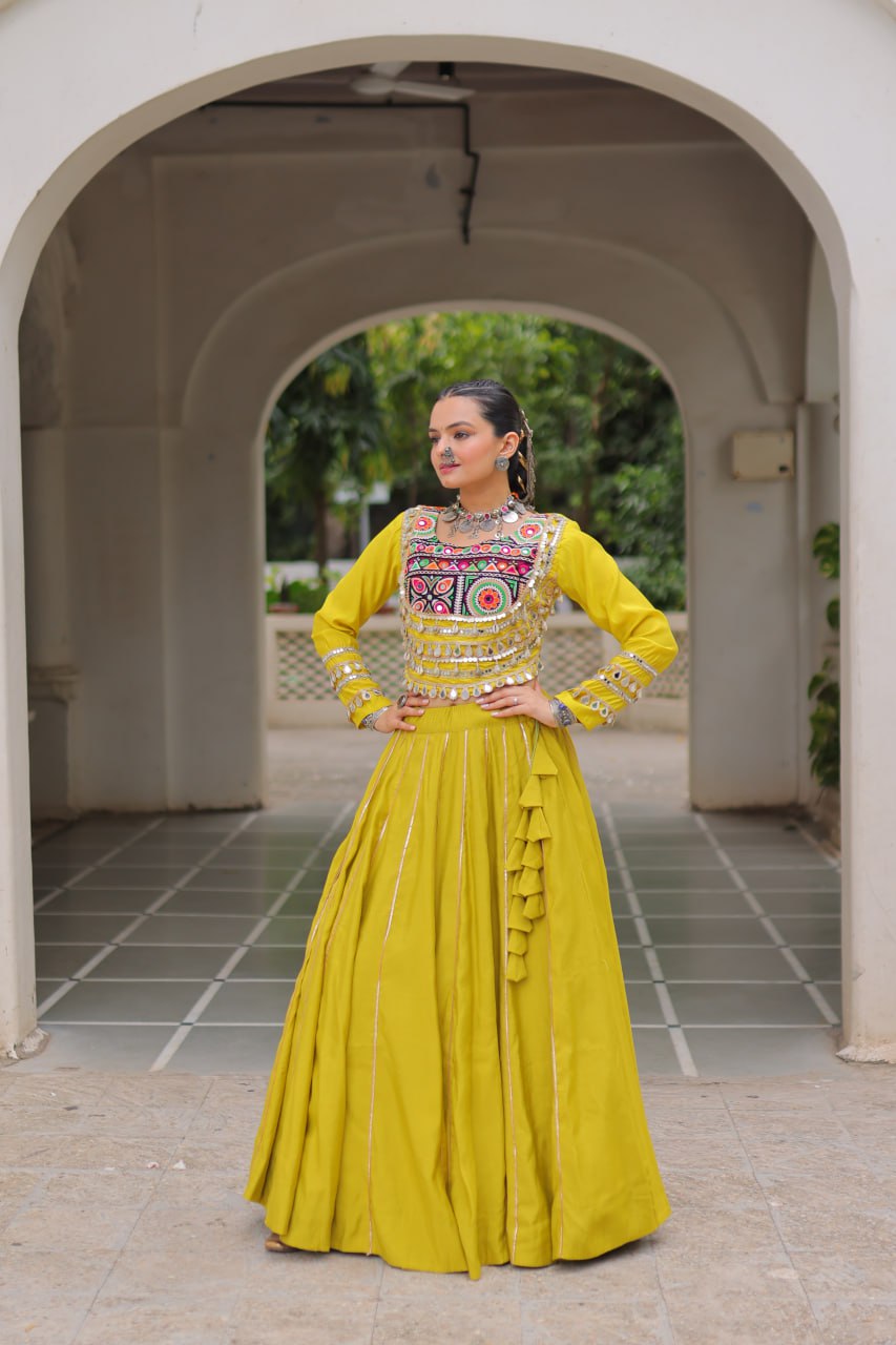 Parrot Navratri Special Roman Fabric Lehenga Choli with Kutchi Gamthi & Mirror Work