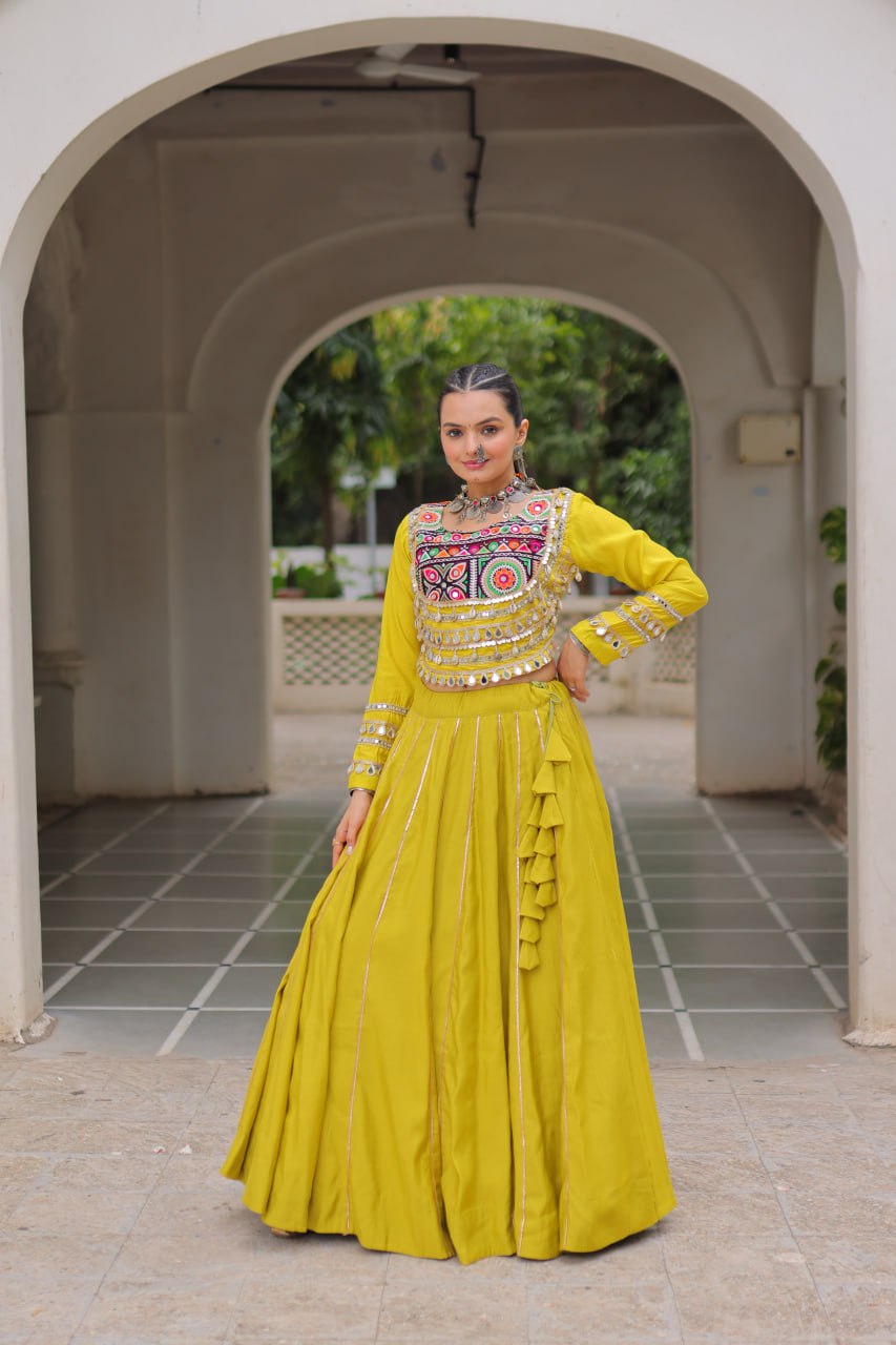 Parrot Navratri Special Roman Fabric Lehenga Choli with Kutchi Gamthi & Mirror Work