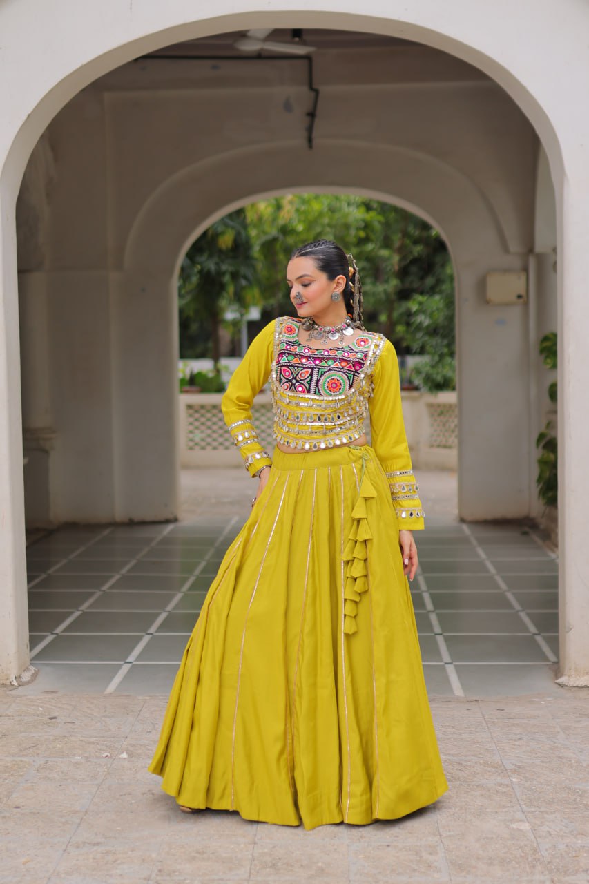 Parrot Navratri Special Roman Fabric Lehenga Choli with Kutchi Gamthi & Mirror Work