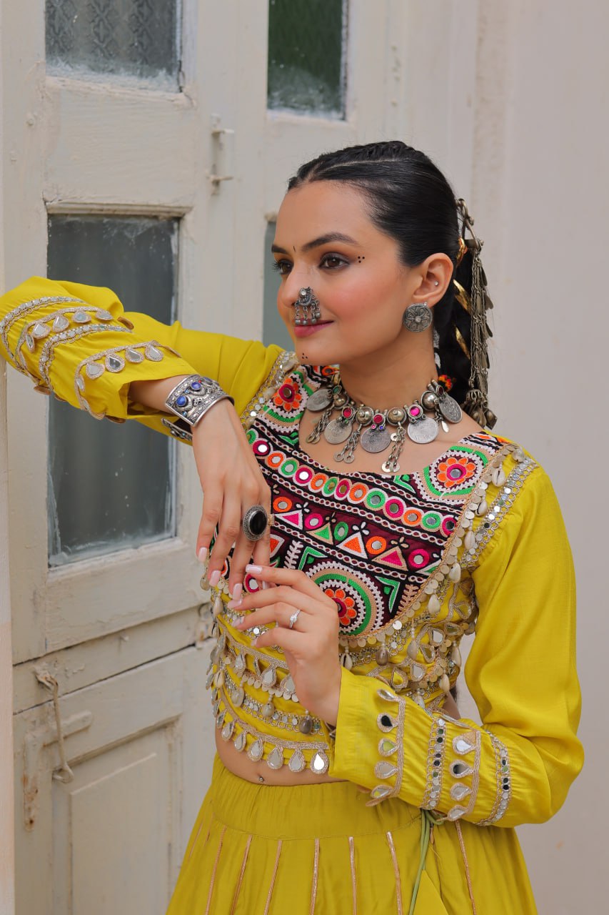Parrot Navratri Special Roman Fabric Lehenga Choli with Kutchi Gamthi & Mirror Work