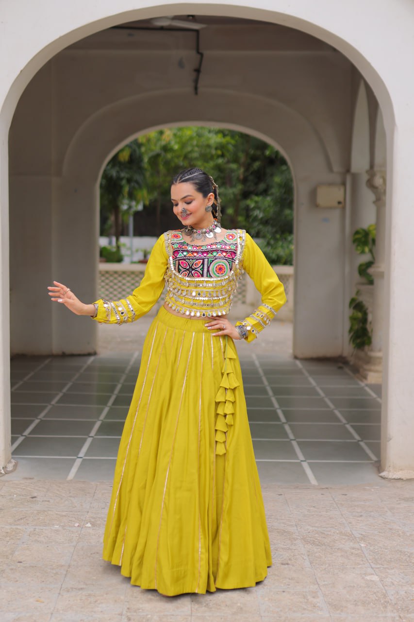 Parrot Navratri Special Roman Fabric Lehenga Choli with Kutchi Gamthi & Mirror Work