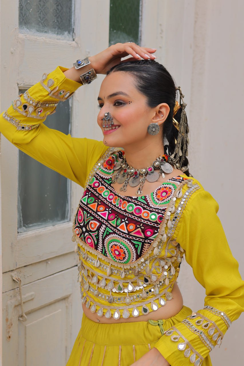 Parrot Navratri Special Roman Fabric Lehenga Choli with Kutchi Gamthi & Mirror Work