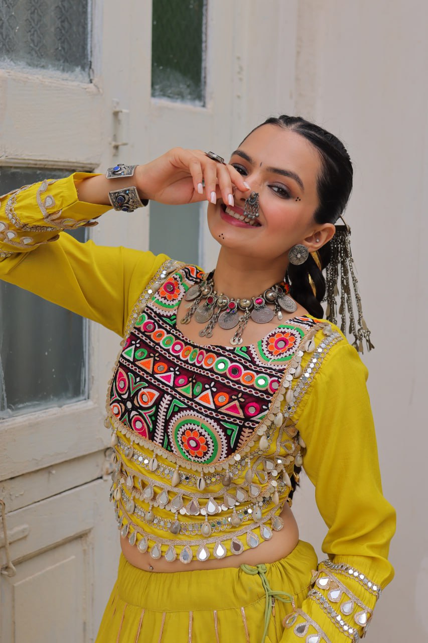 Parrot Navratri Special Roman Fabric Lehenga Choli with Kutchi Gamthi & Mirror Work