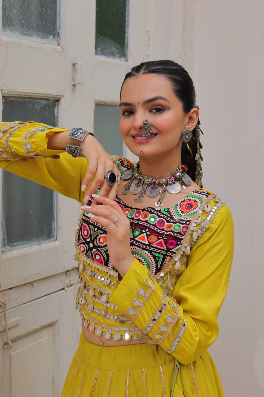 Parrot Navratri Special Roman Fabric Lehenga Choli with Kutchi Gamthi & Mirror Work
