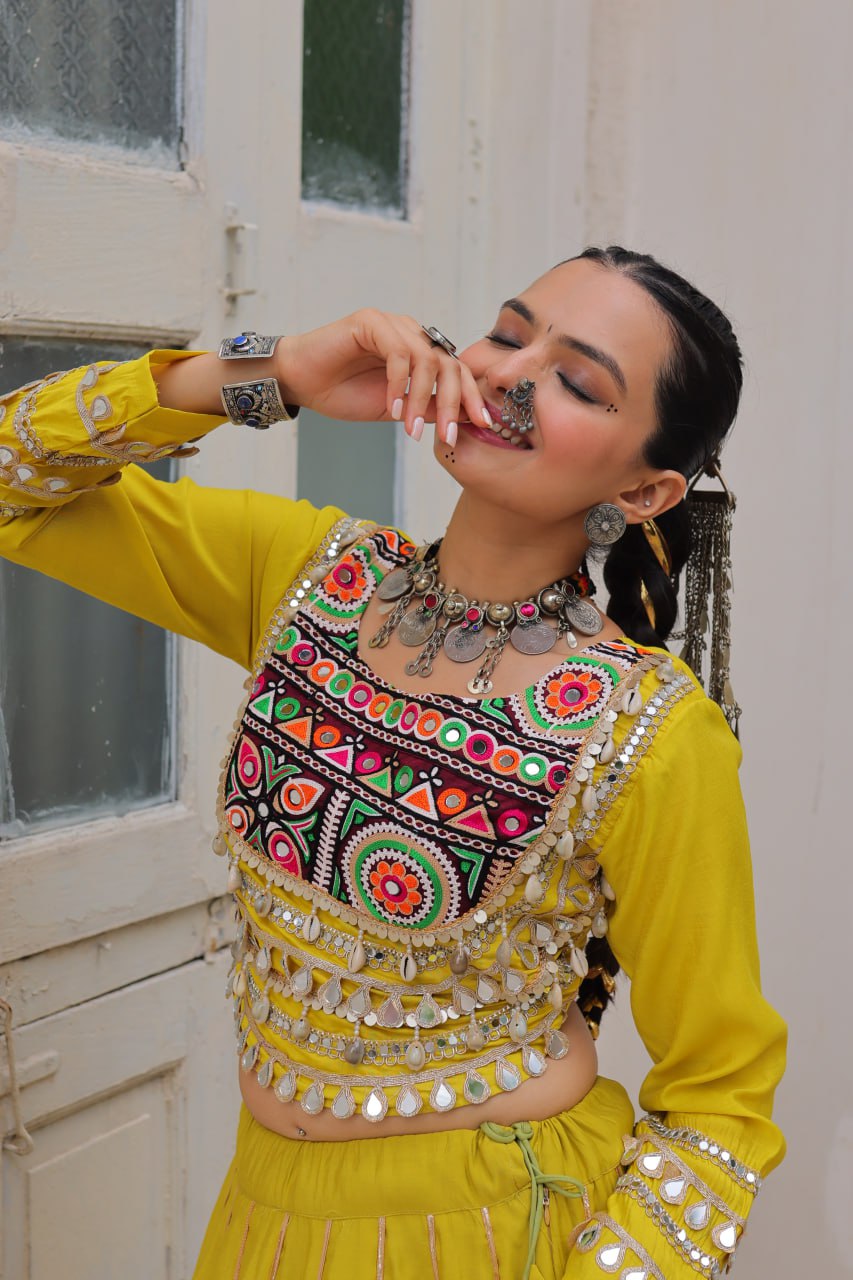 Parrot Navratri Special Roman Fabric Lehenga Choli with Kutchi Gamthi & Mirror Work