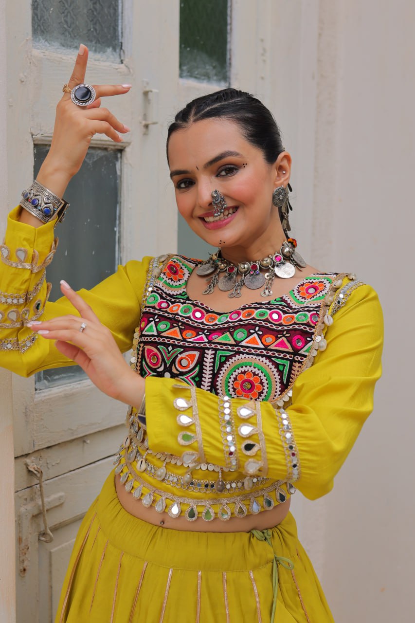 Parrot Navratri Special Roman Fabric Lehenga Choli with Kutchi Gamthi & Mirror Work