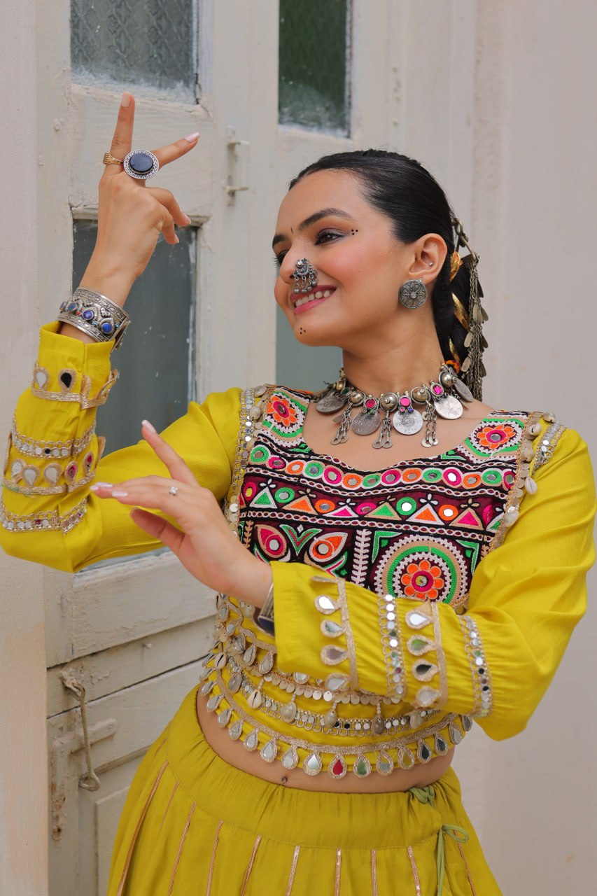 Parrot Navratri Special Roman Fabric Lehenga Choli with Kutchi Gamthi & Mirror Work