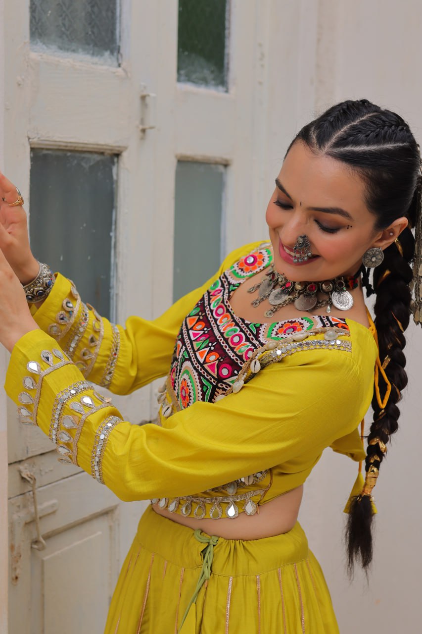 Parrot Navratri Special Roman Fabric Lehenga Choli with Kutchi Gamthi & Mirror Work