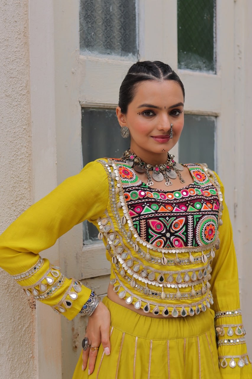 Parrot Navratri Special Roman Fabric Lehenga Choli with Kutchi Gamthi & Mirror Work