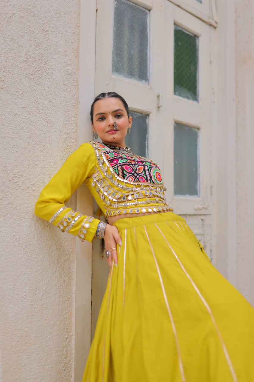 Parrot Navratri Special Roman Fabric Lehenga Choli with Kutchi Gamthi & Mirror Work