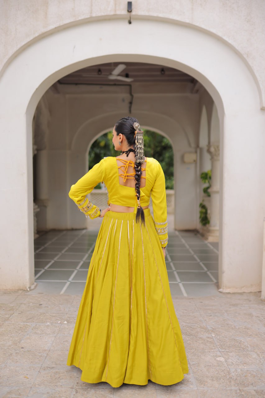 Parrot Navratri Special Roman Fabric Lehenga Choli with Kutchi Gamthi & Mirror Work