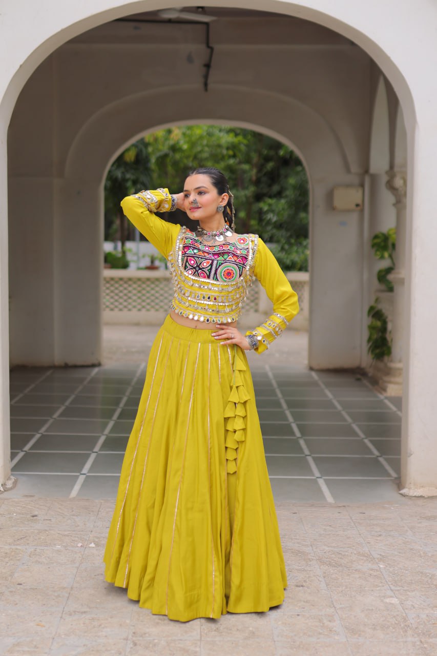 Parrot Navratri Special Roman Fabric Lehenga Choli with Kutchi Gamthi & Mirror Work