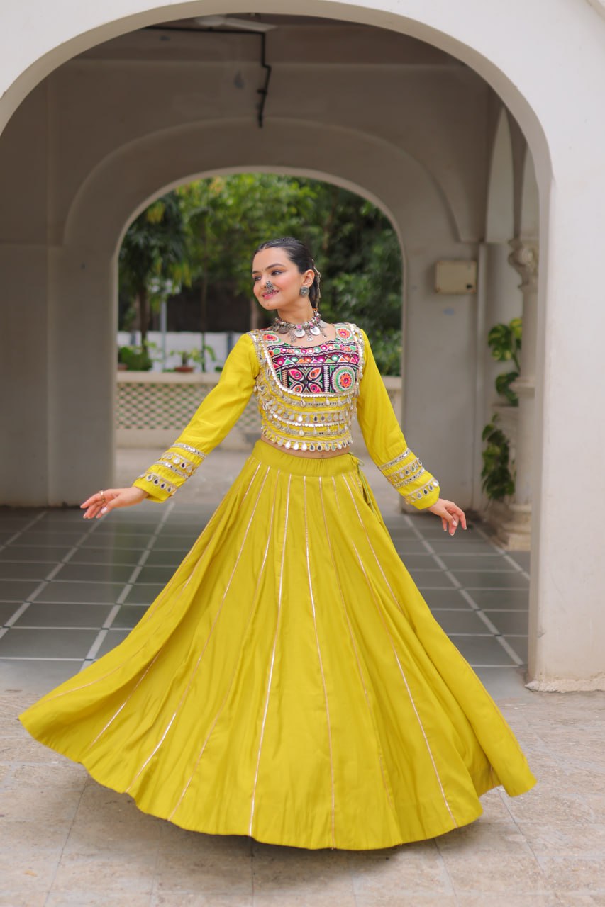 Parrot Navratri Special Roman Fabric Lehenga Choli with Kutchi Gamthi & Mirror Work