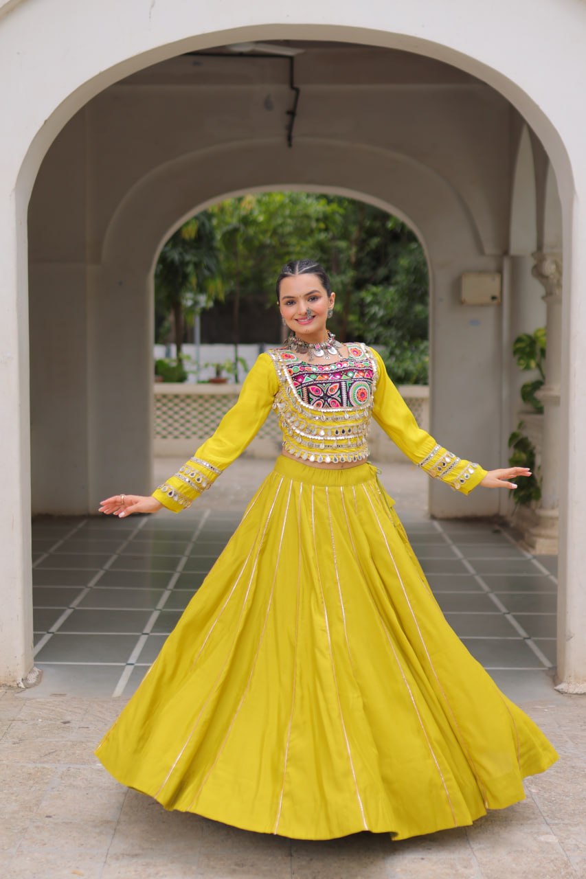 Parrot Navratri Special Roman Fabric Lehenga Choli with Kutchi Gamthi & Mirror Work