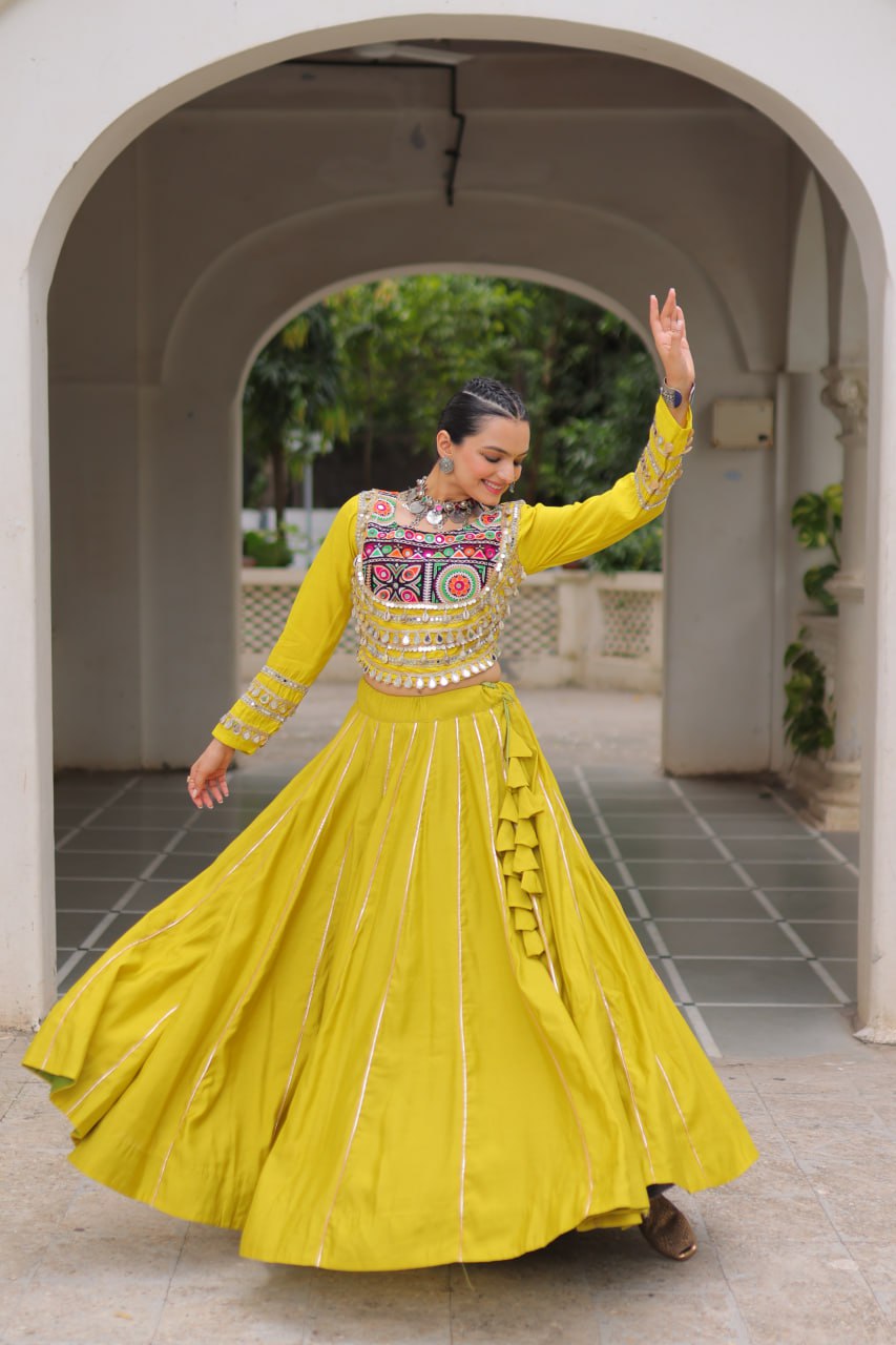 Parrot Navratri Special Roman Fabric Lehenga Choli with Kutchi Gamthi & Mirror Work
