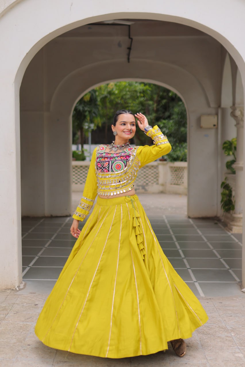 Parrot Navratri Special Roman Fabric Lehenga Choli with Kutchi Gamthi & Mirror Work
