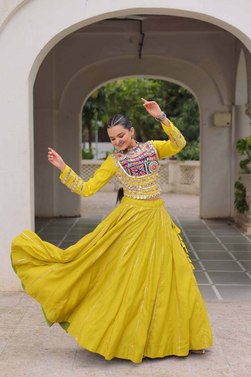 Parrot Navratri Special Roman Fabric Lehenga Choli with Kutchi Gamthi & Mirror Work