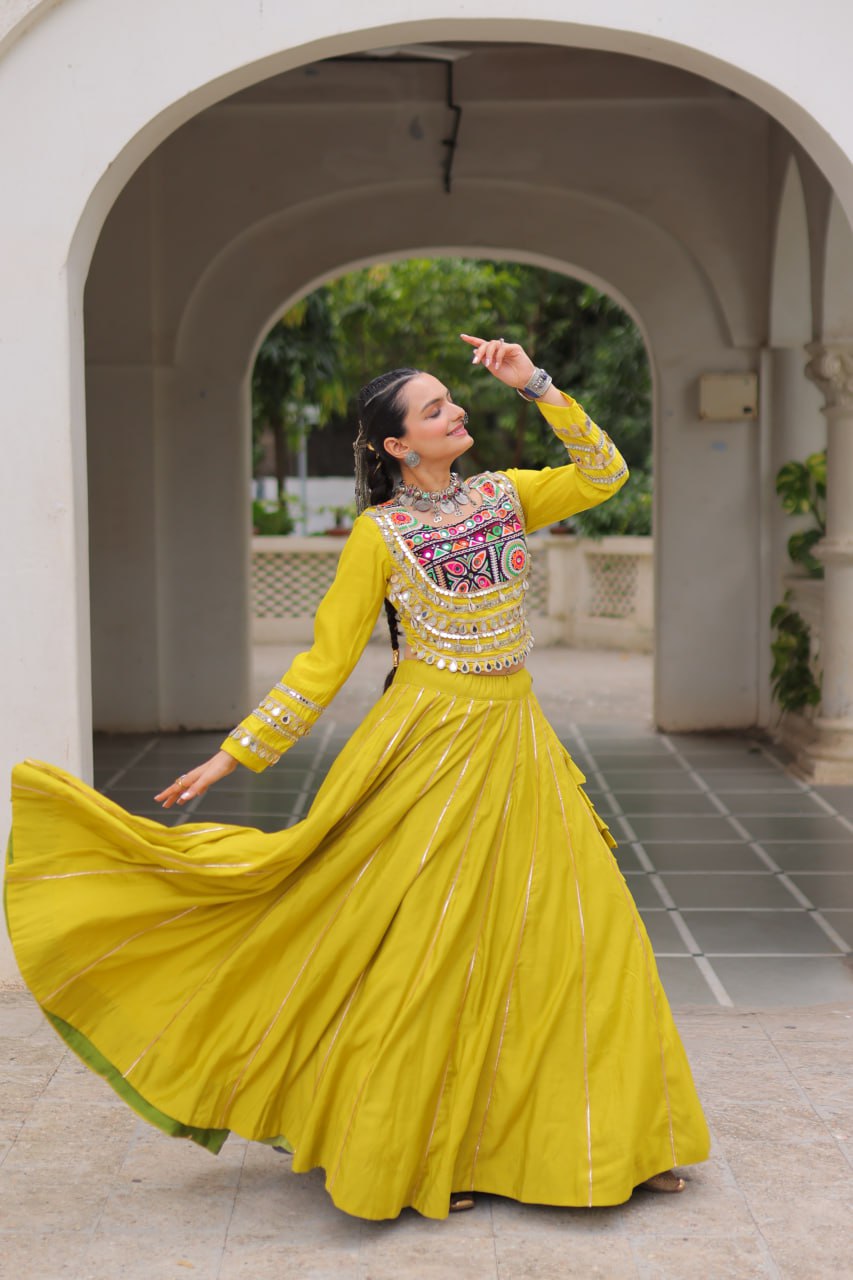 Parrot Navratri Special Roman Fabric Lehenga Choli with Kutchi Gamthi & Mirror Work
