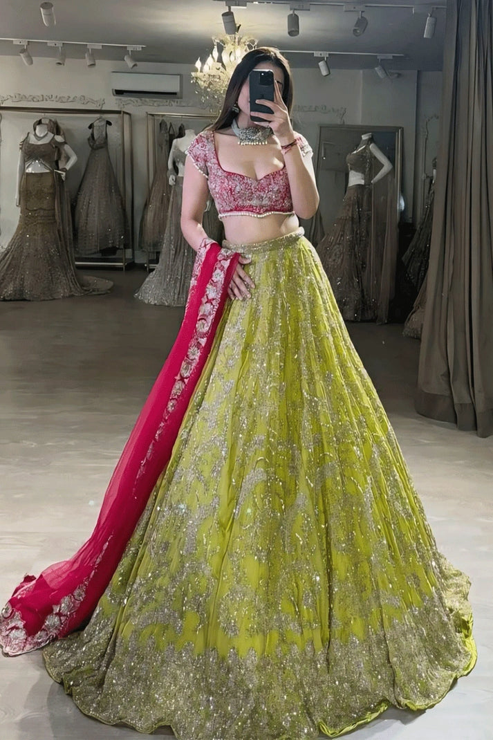Parrot Green & Pink Designer Bridal Lehenga Set