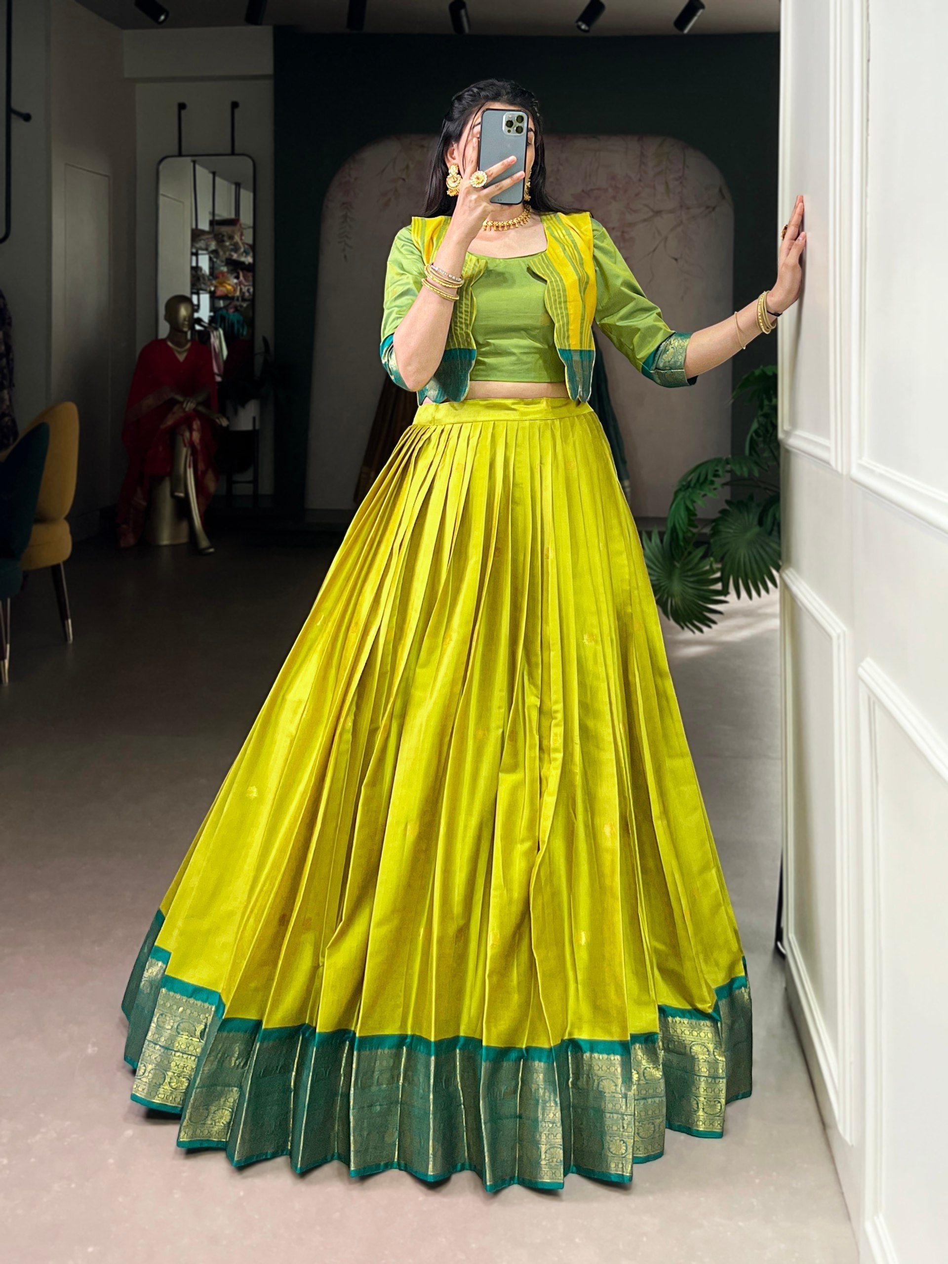 Parrot Green Regal Poly Cotton Zari Weaving Work Lehenga Set – Stitched 5-Meter Flair Lehenga with Matching Blouse & Koti