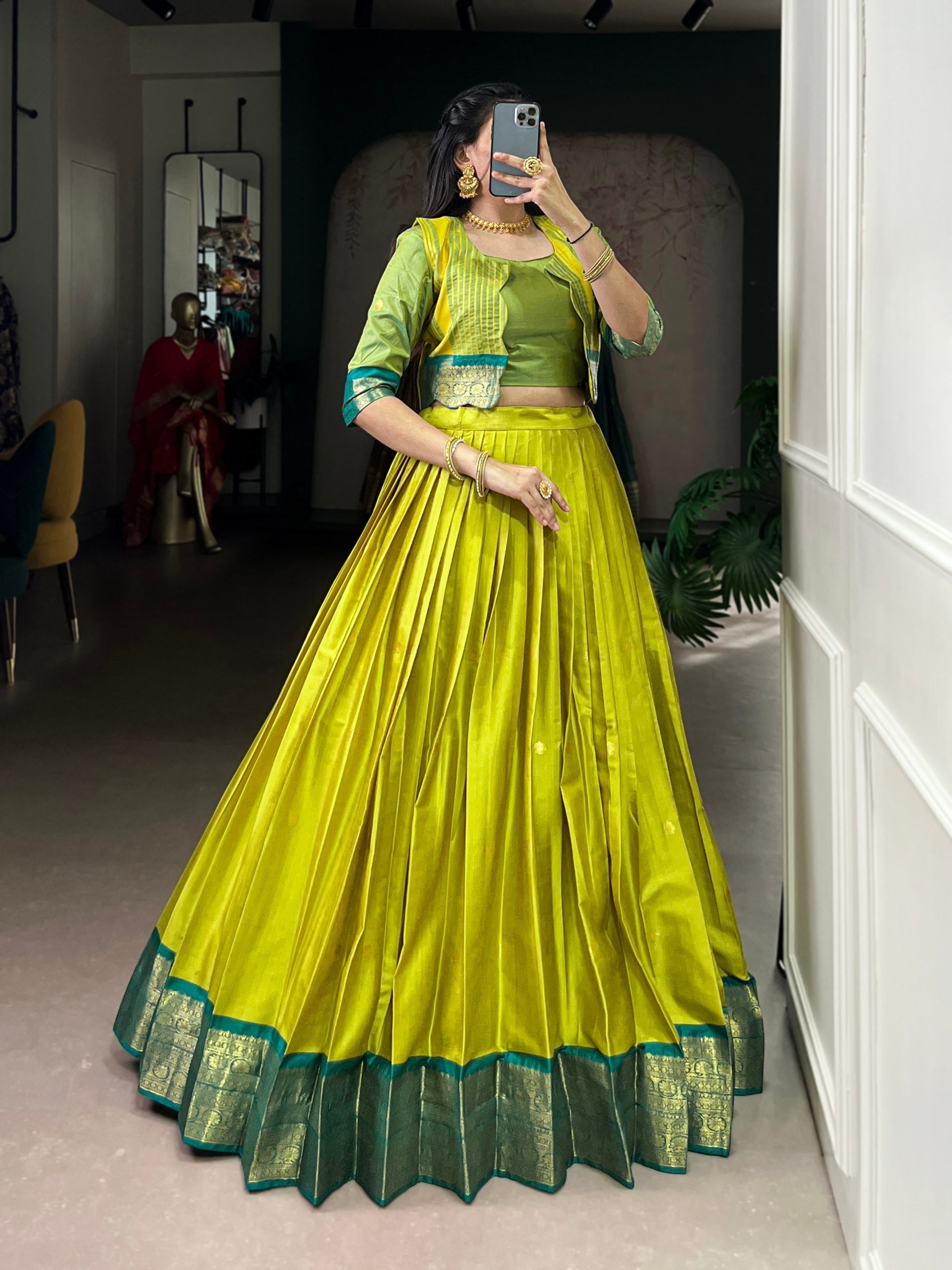 Parrot Green Regal Poly Cotton Zari Weaving Work Lehenga Set – Stitched 5-Meter Flair Lehenga with Matching Blouse & Koti