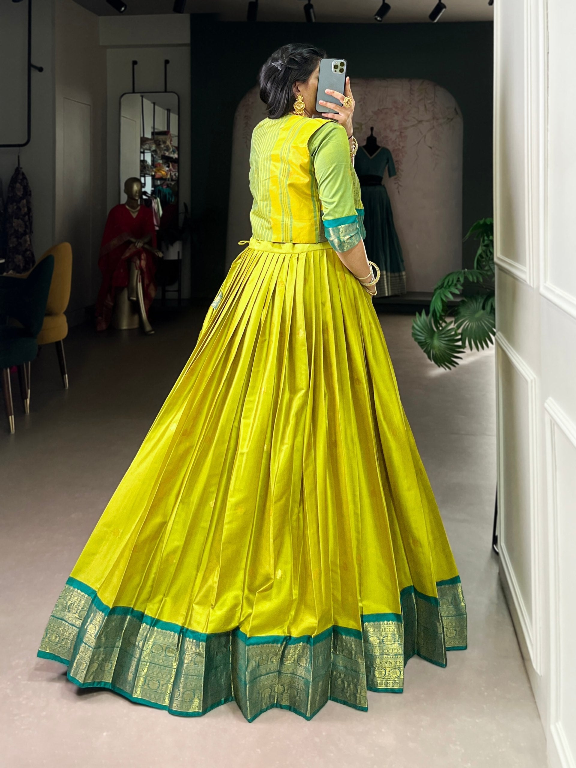 Parrot Green Regal Poly Cotton Zari Weaving Work Lehenga Set – Stitched 5-Meter Flair Lehenga with Matching Blouse & Koti