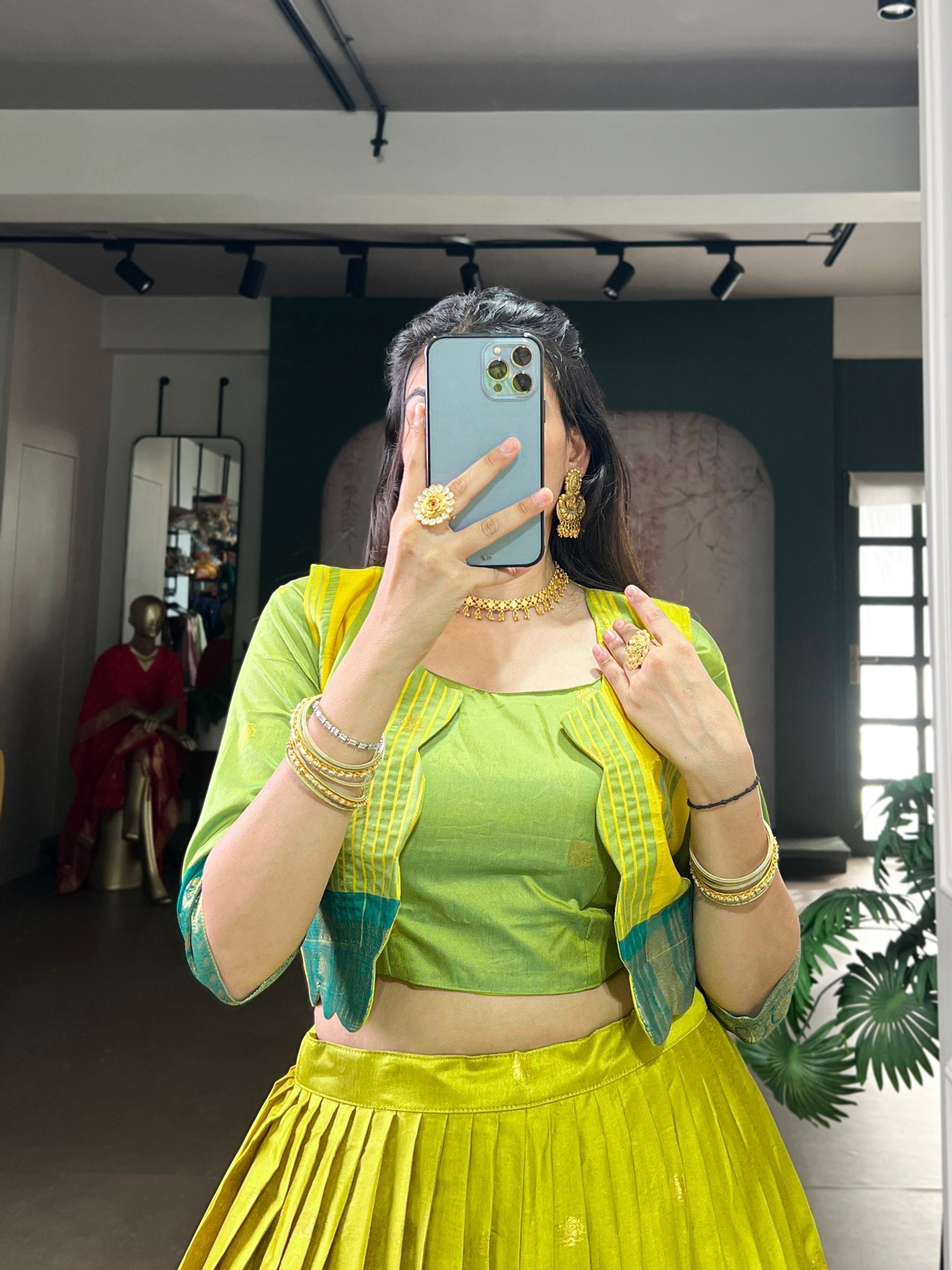 Parrot Green Regal Poly Cotton Zari Weaving Work Lehenga Set – Stitched 5-Meter Flair Lehenga with Matching Blouse & Koti