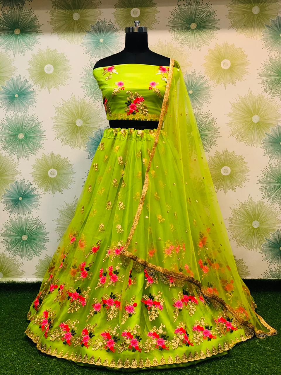 Parrot Green Royal Heavy Net Embroidered Lehenga Set – Zari & Thread Work