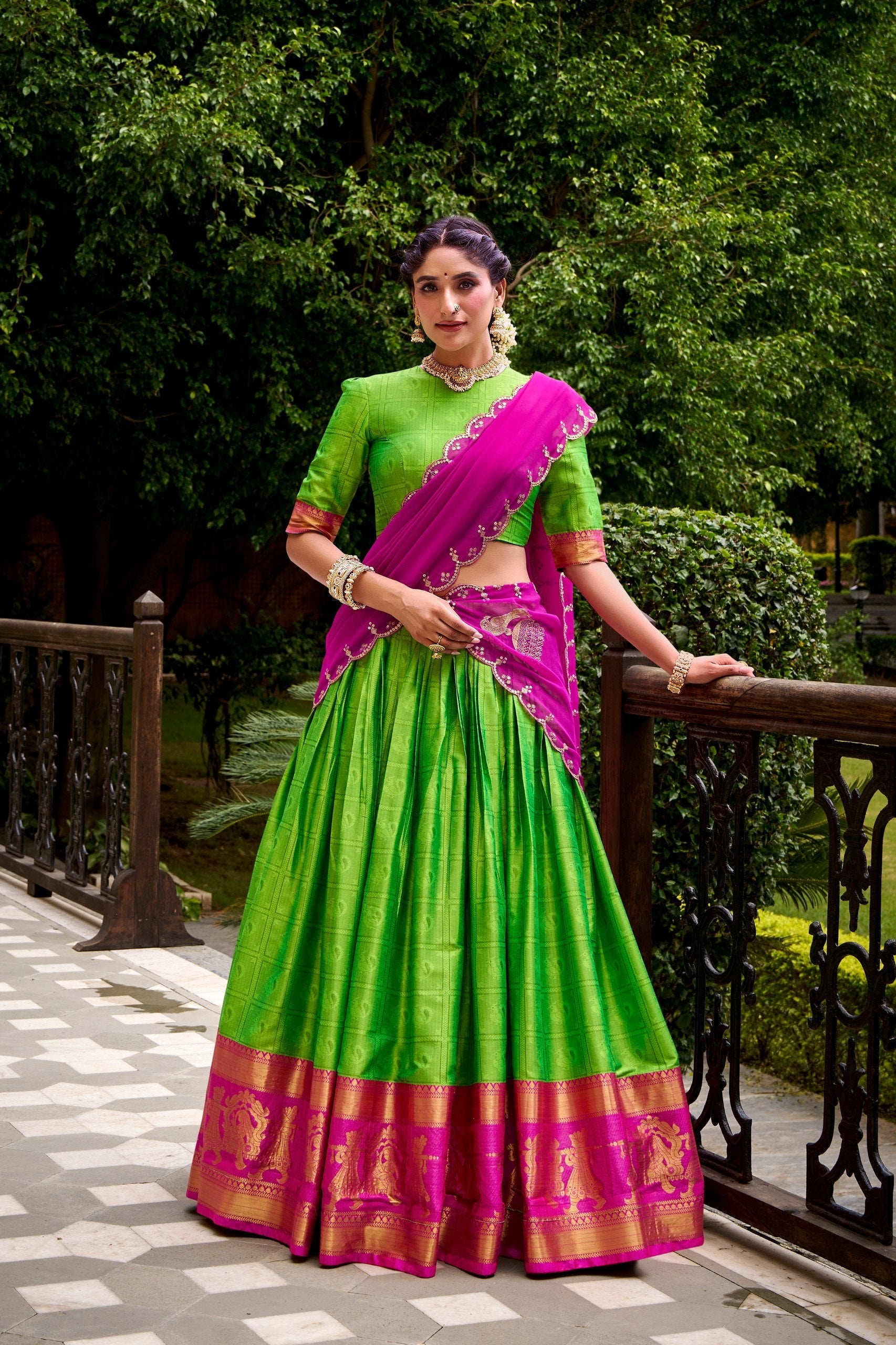 Parrot Green Traditional Poly Cotton Lehenga with Zari Weaving Work & Georgette Embroidered Dupatta – Stitched Lehenga with Unstitched Blouse