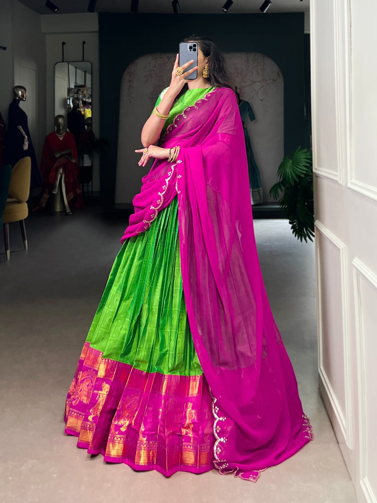Parrot Green Traditional Poly Cotton Lehenga with Zari Weaving Work & Georgette Embroidered Dupatta – Stitched Lehenga with Unstitched Blouse