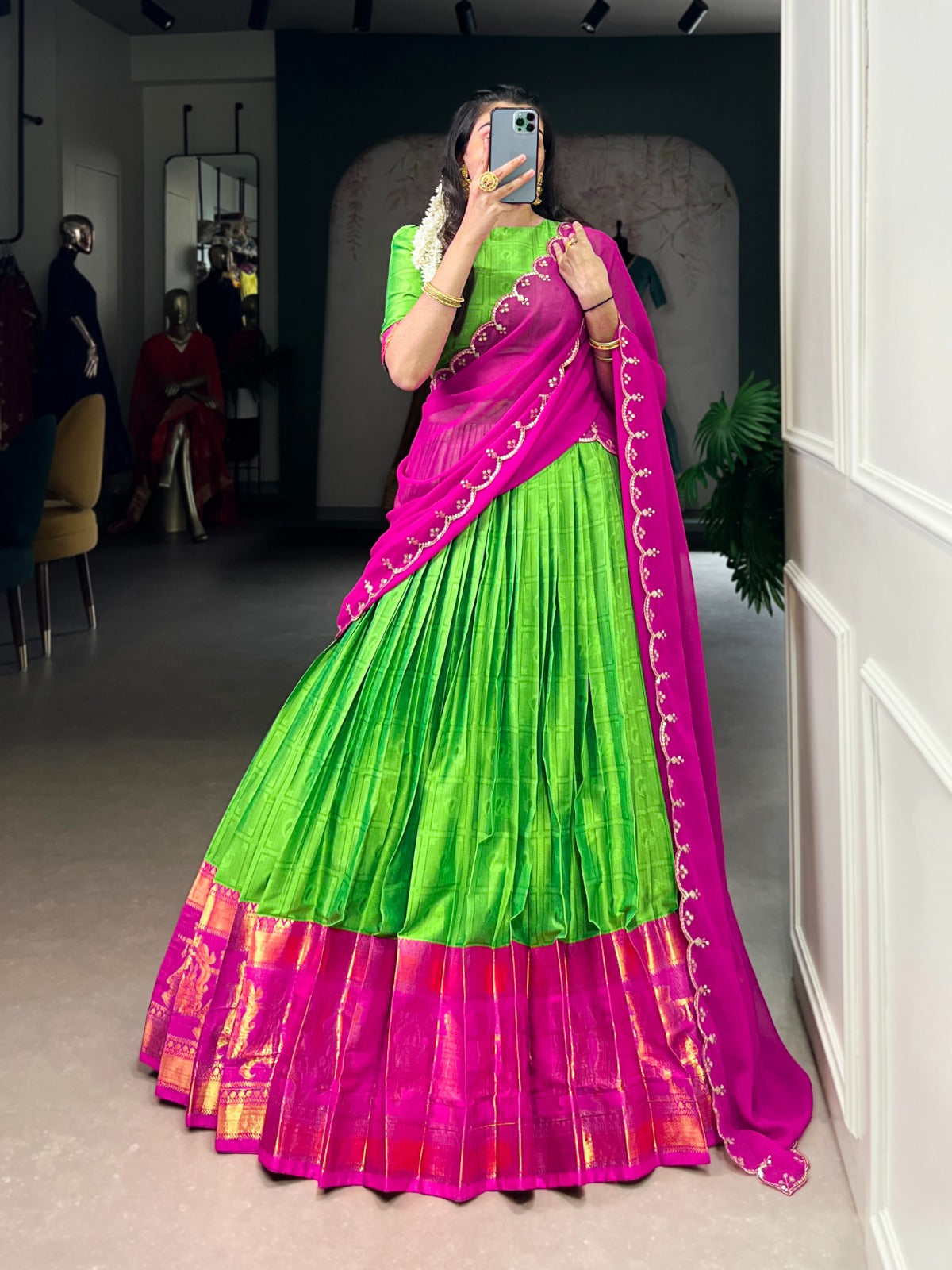 Parrot Green Traditional Poly Cotton Lehenga with Zari Weaving Work & Georgette Embroidered Dupatta – Stitched Lehenga with Unstitched Blouse