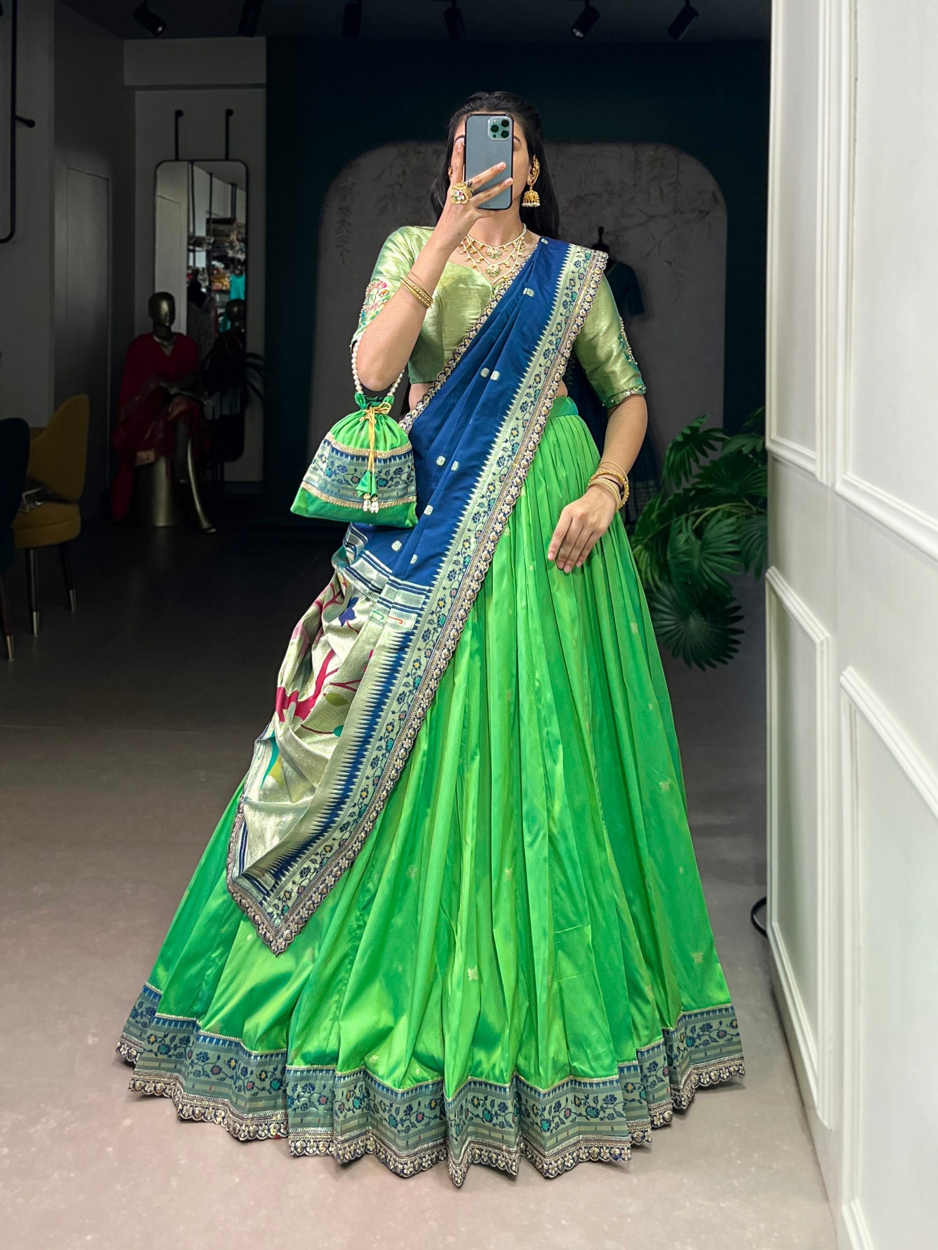 Parrot Paithani Lehenga Set with Batwa