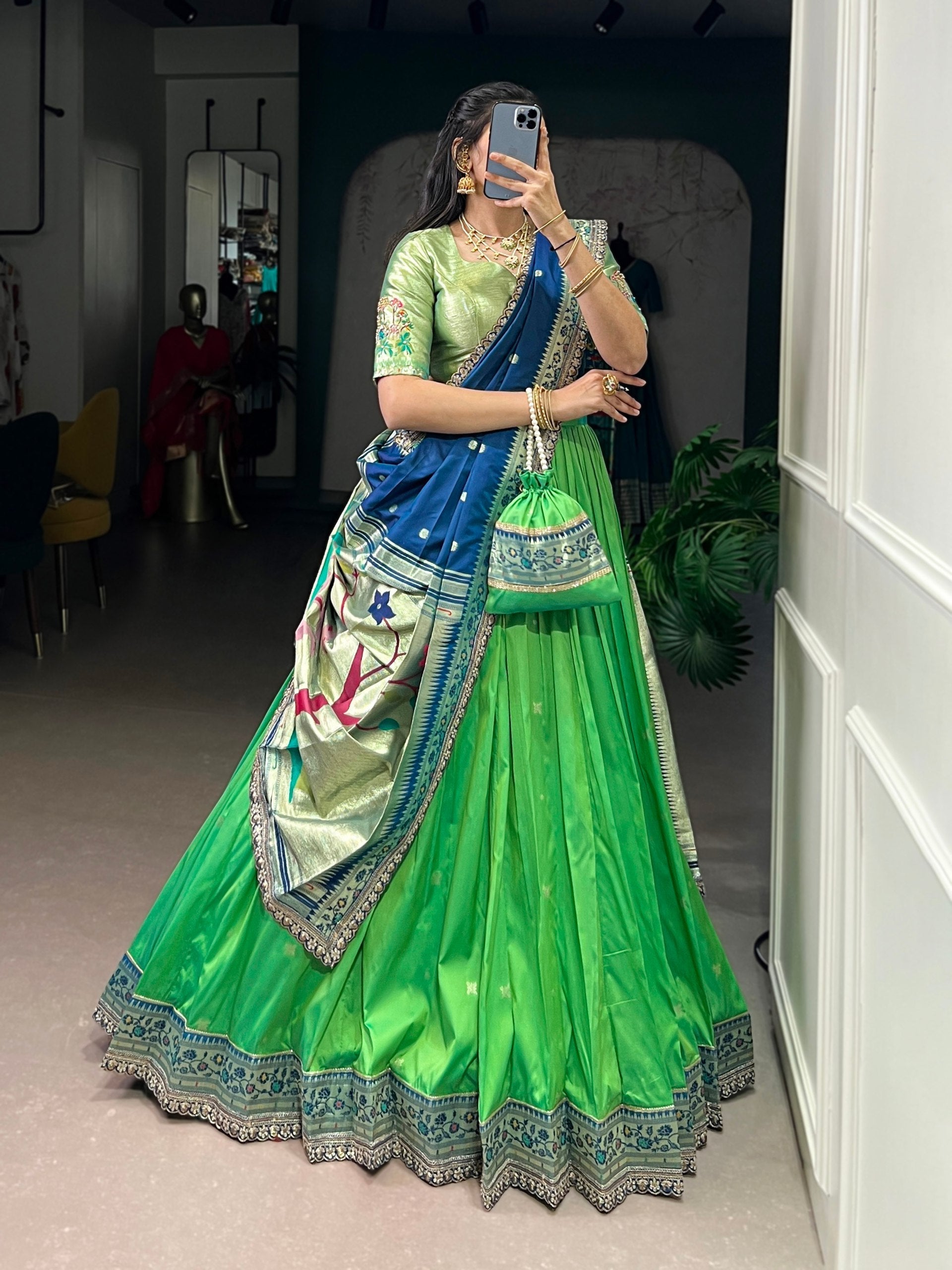 Parrot Paithani Lehenga Set with Batwa