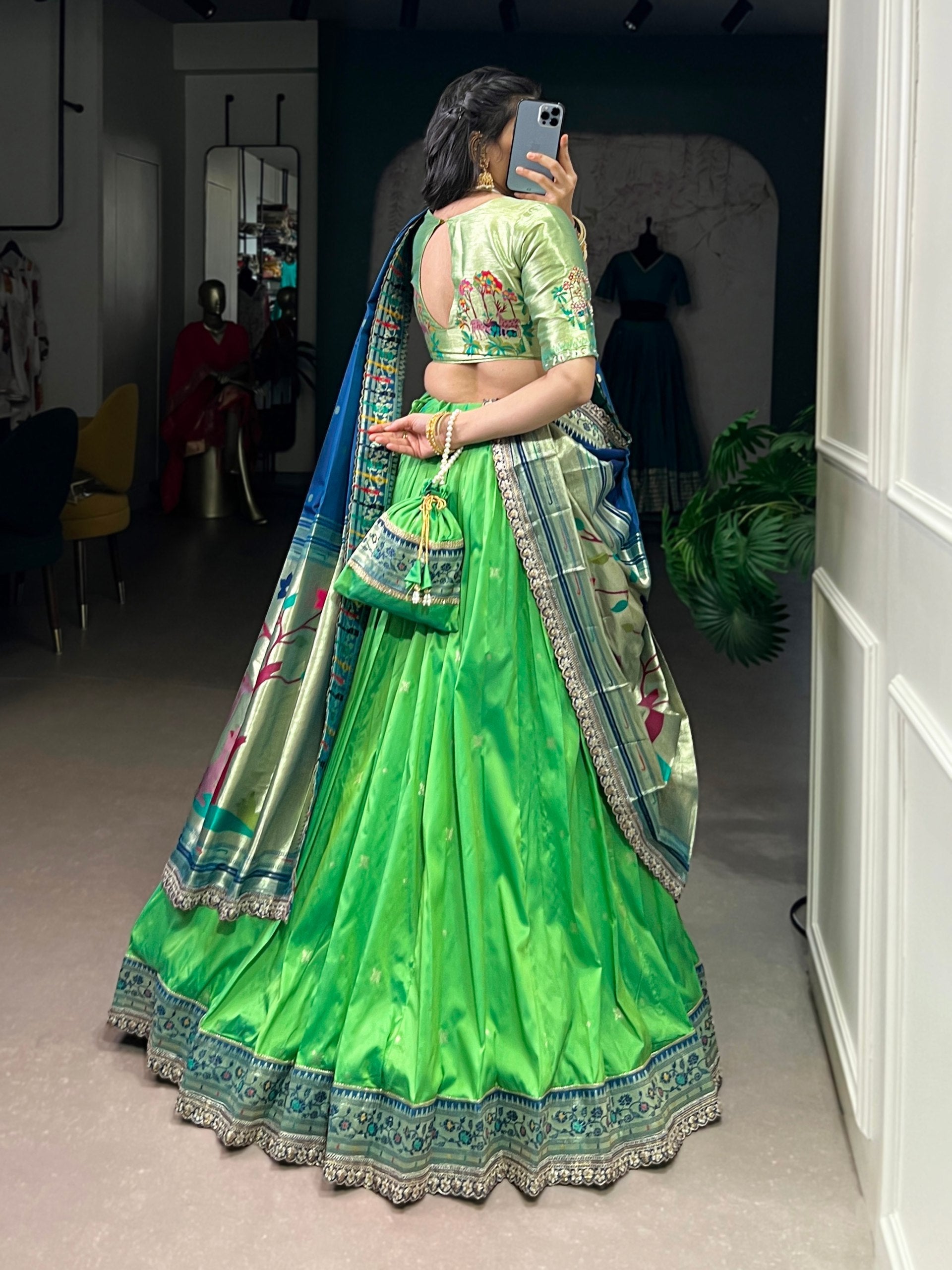 Parrot Paithani Lehenga Set with Batwa