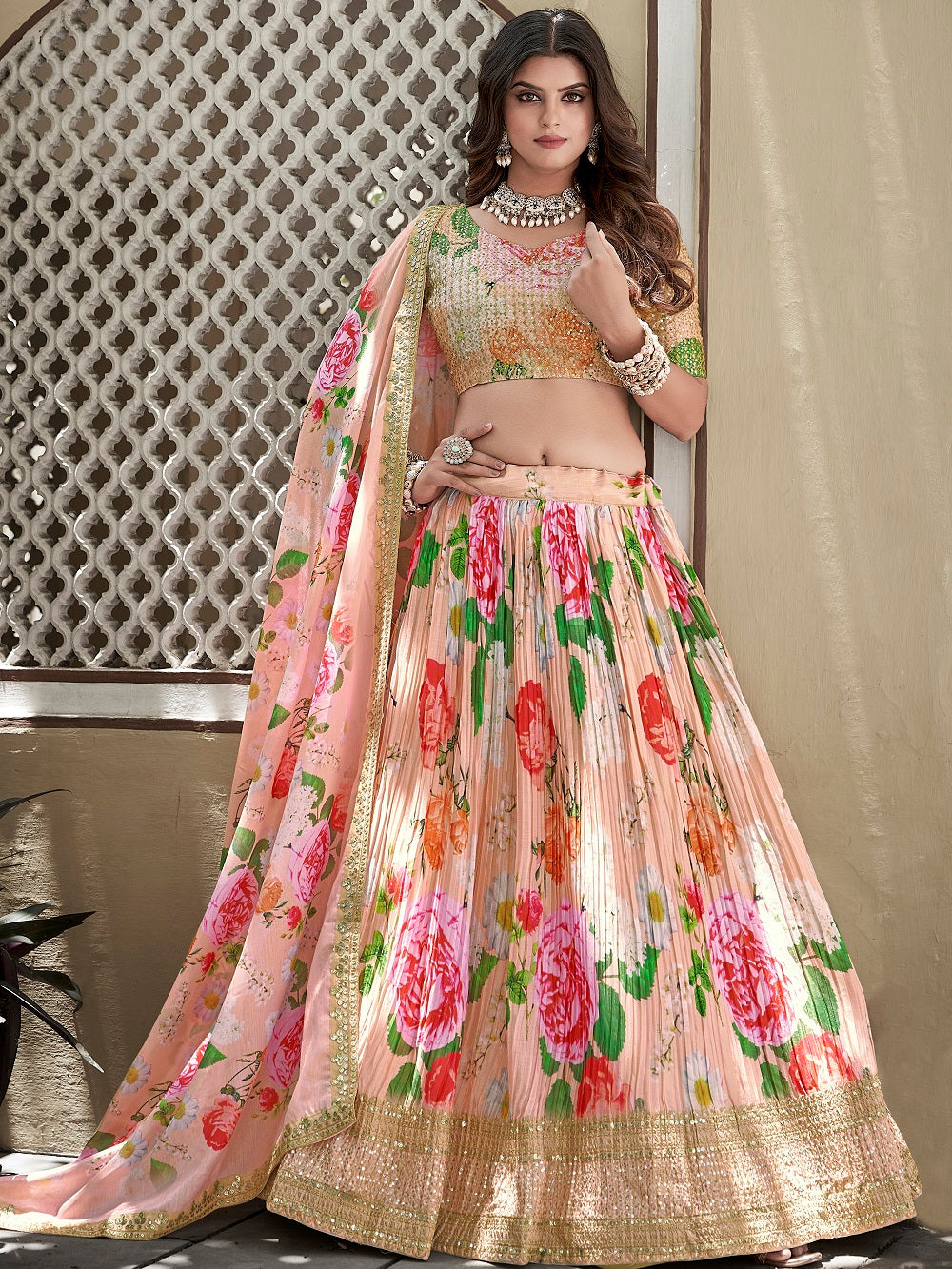 Peach Color Digital Print With Sequins Embroidery Work Crushed Chinon Lehenga Choli