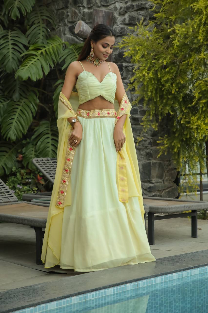 Pastel Lemon Yellow Elegant Indo-Western Lehenga Set – A Perfect Festive Pick