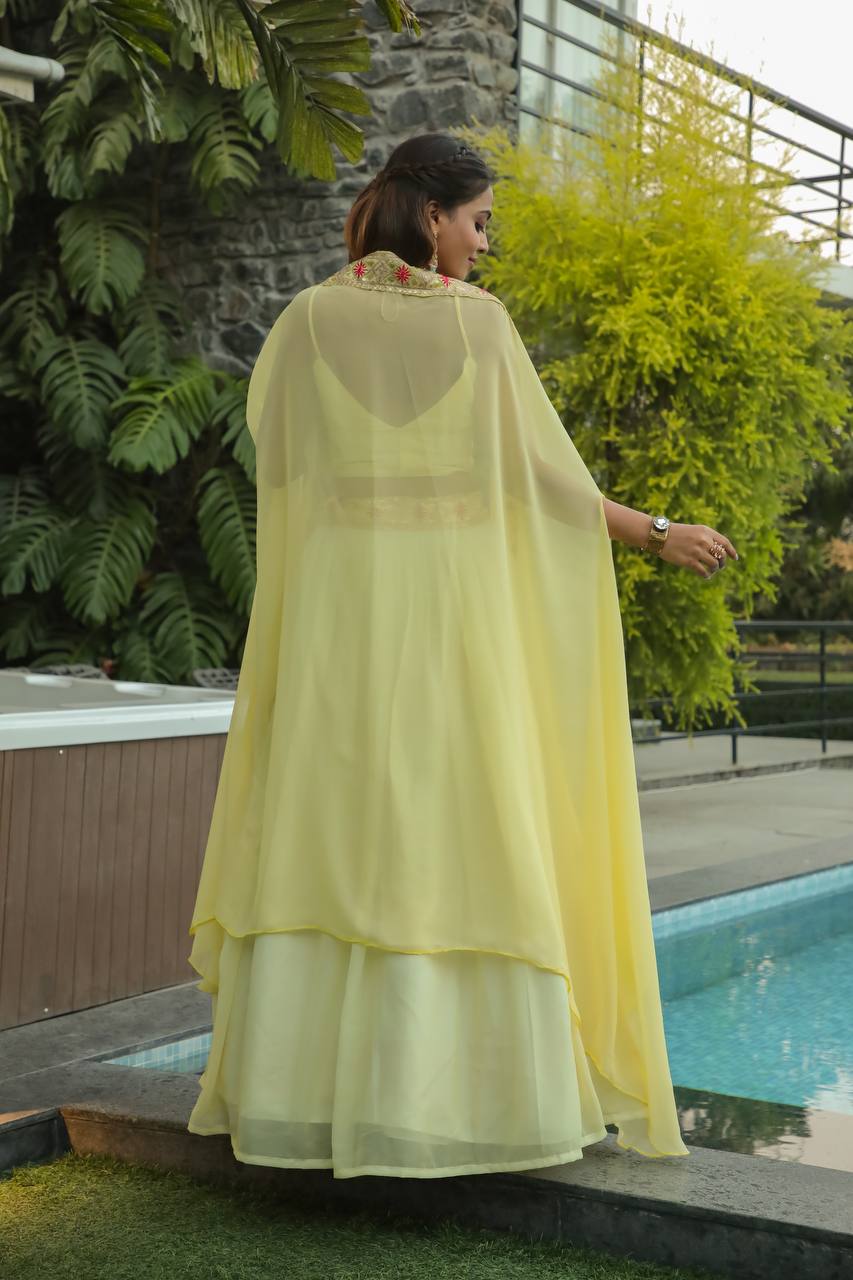 Pastel Lemon Yellow Elegant Indo-Western Lehenga Set – A Perfect Festive Pick