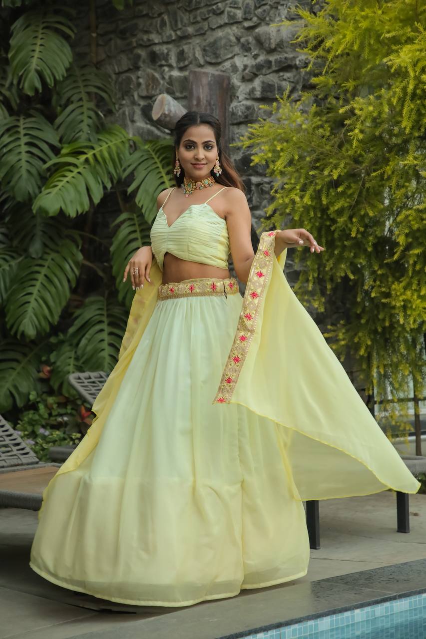 Pastel Lemon Yellow Elegant Indo-Western Lehenga Set – A Perfect Festive Pick