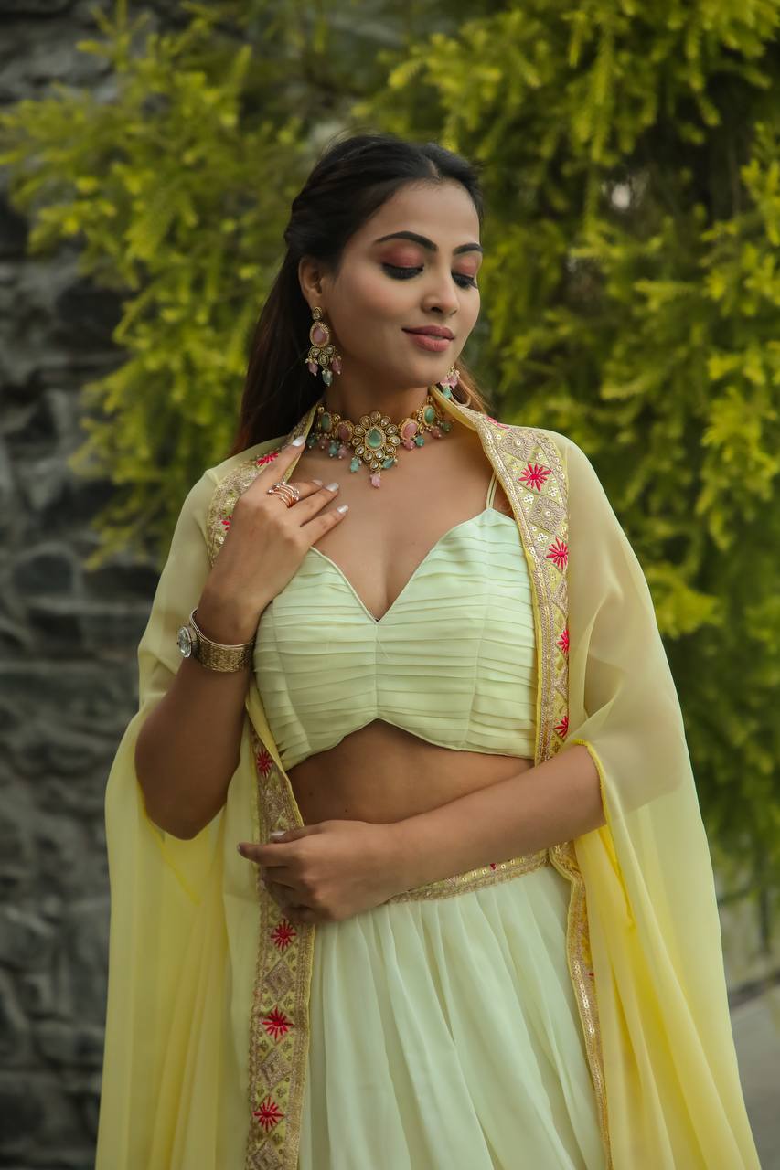 Pastel Lemon Yellow Elegant Indo-Western Lehenga Set – A Perfect Festive Pick