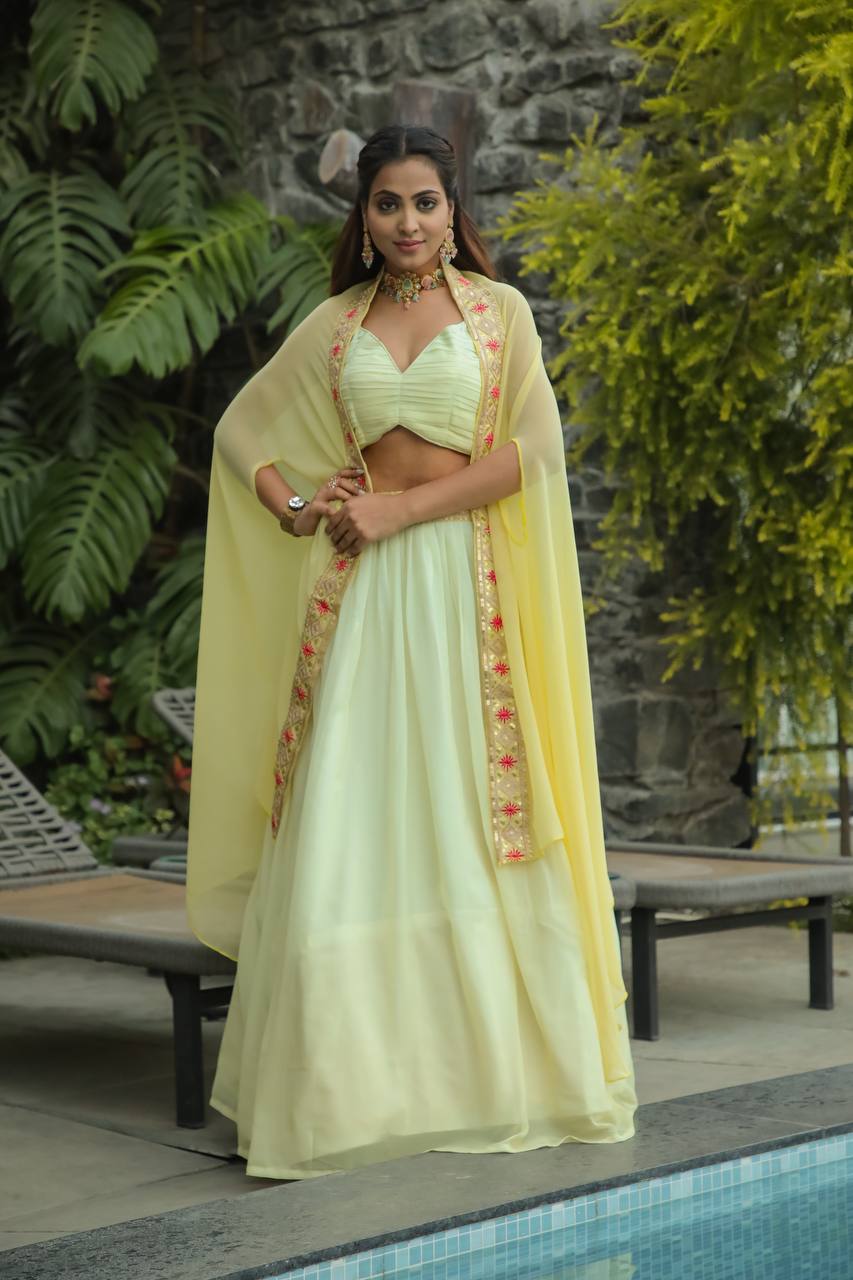 Pastel Lemon Yellow Elegant Indo-Western Lehenga Set – A Perfect Festive Pick