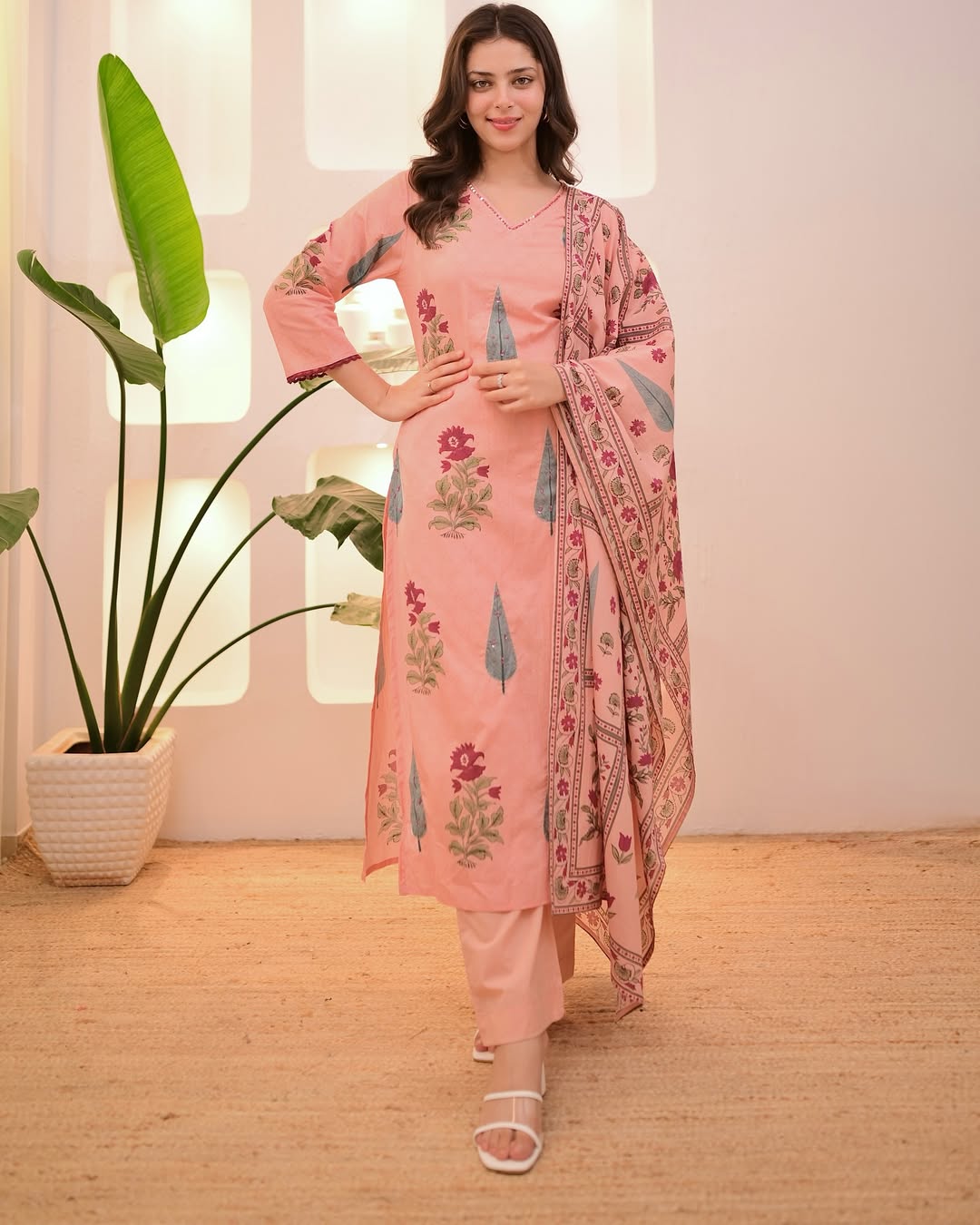 Pastel Floral Cotton Suit Set with Aada Work & Dupatta