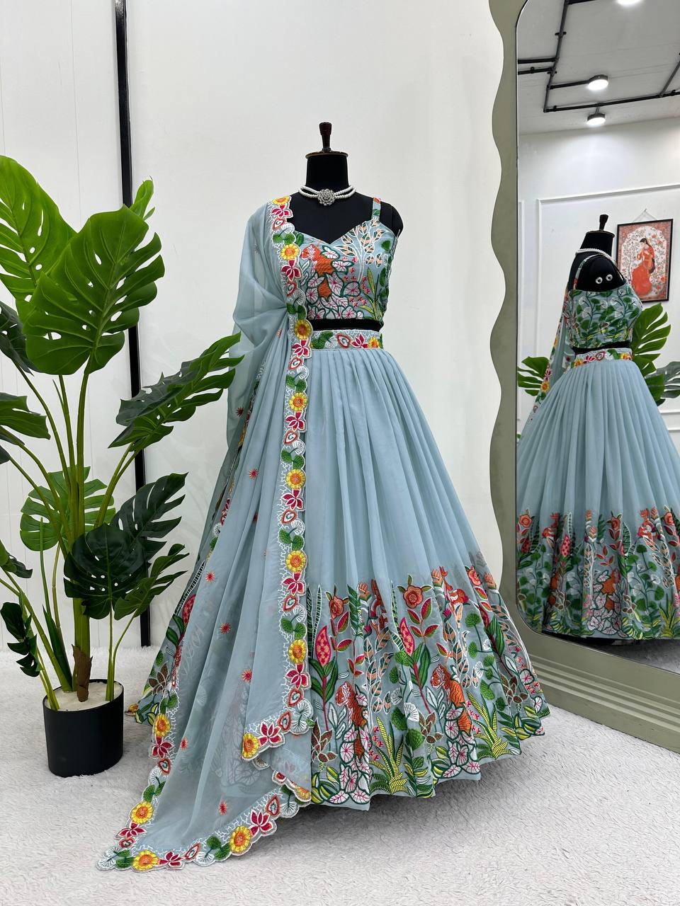 Pastel Sky Elegant Tabby Organza Semi-Stitched Lehengha Set with Thread Embroidery Cutwork Dupatta