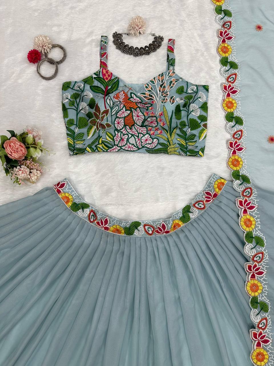 Pastel Sky Elegant Tabby Organza Semi-Stitched Lehengha Set with Thread Embroidery Cutwork Dupatta