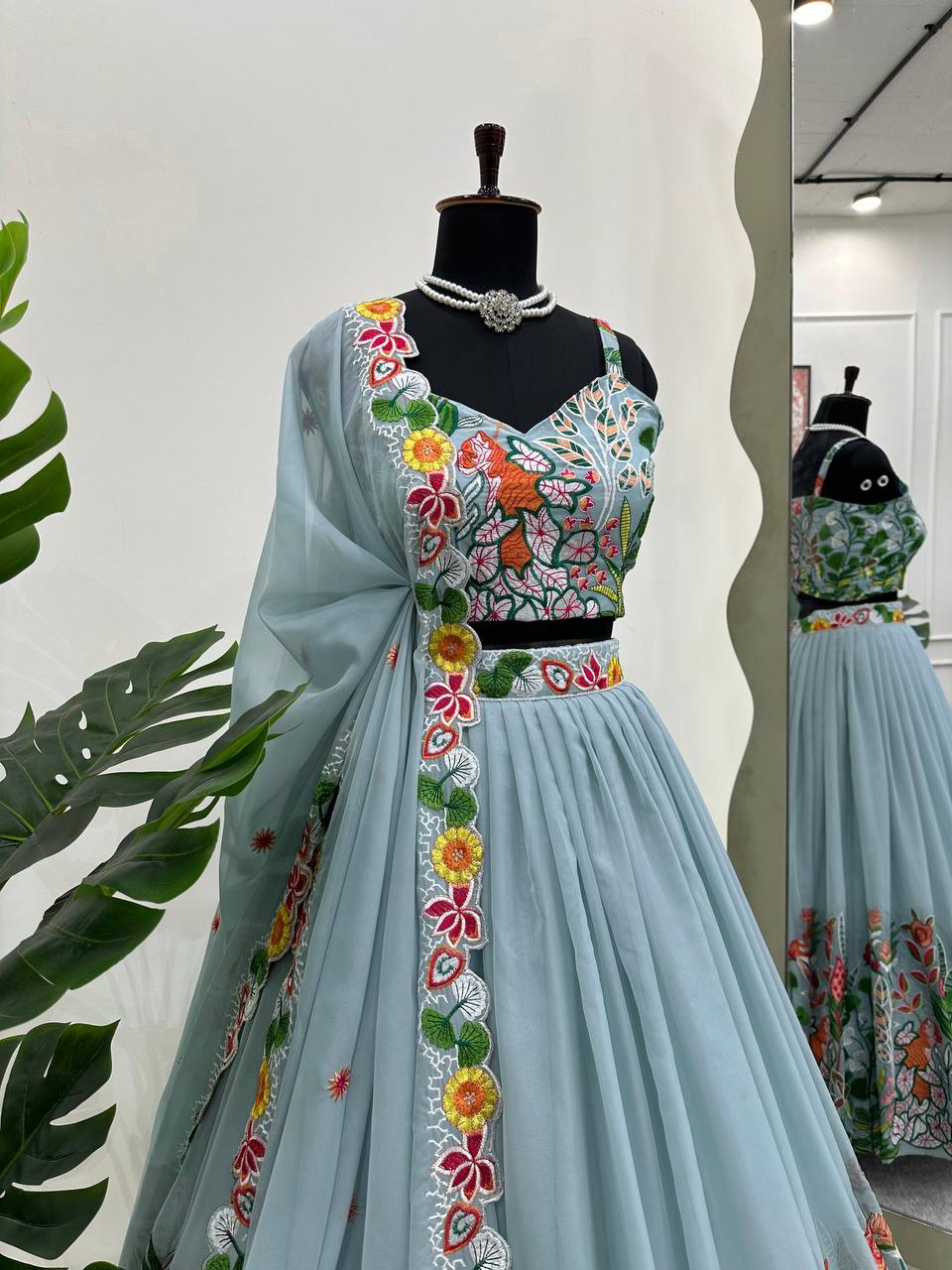 Pastel Sky Elegant Tabby Organza Semi-Stitched Lehengha Set with Thread Embroidery Cutwork Dupatta