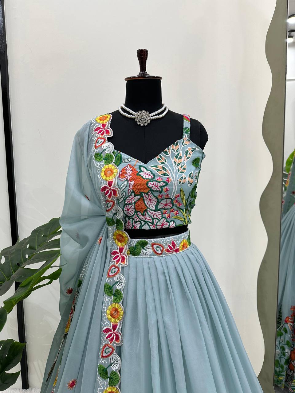 Pastel Sky Elegant Tabby Organza Semi-Stitched Lehengha Set with Thread Embroidery Cutwork Dupatta
