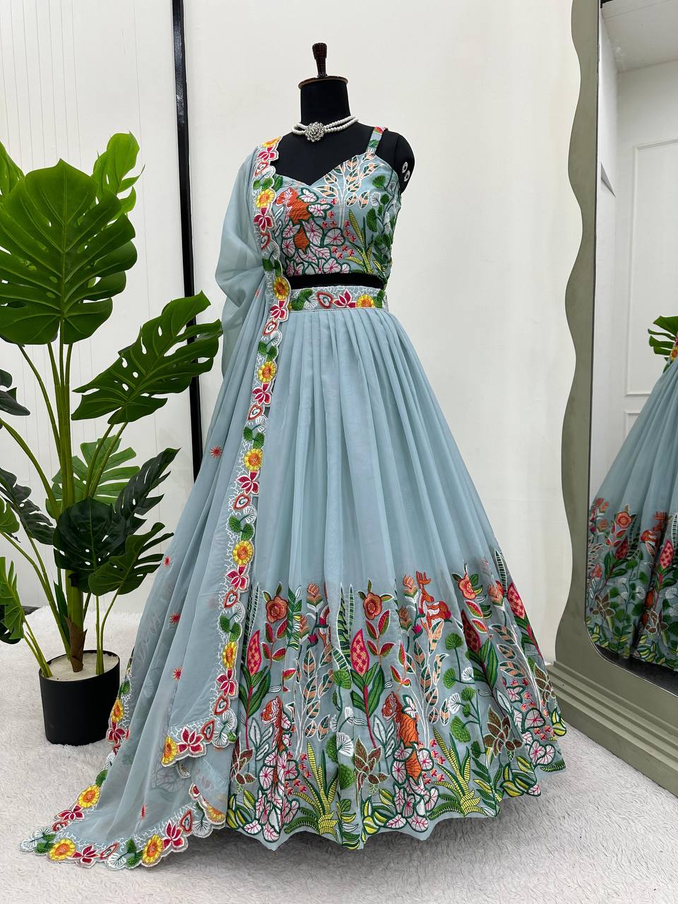 Pastel Sky Elegant Tabby Organza Semi-Stitched Lehengha Set with Thread Embroidery Cutwork Dupatta